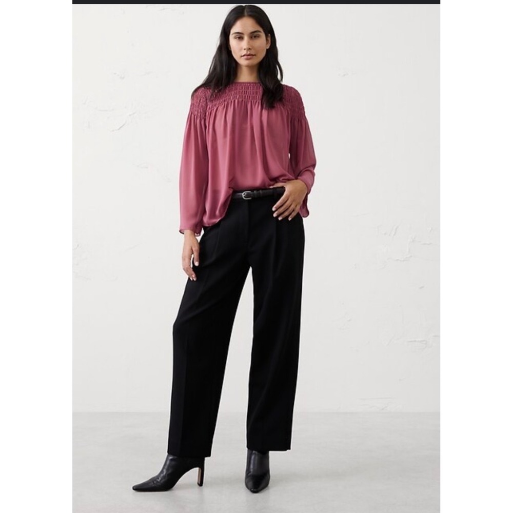 Banana Republic Smocked Yoke Blouse Berry Parfait Pink Long Sleeve Top S